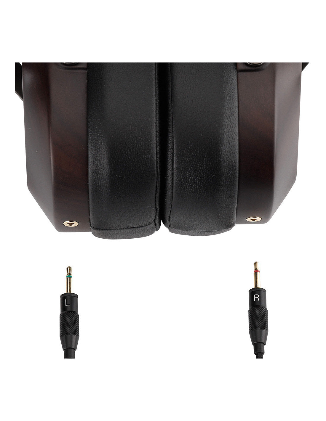 Close-up of a black over-ear headphone earcup with dark brown wood-grain side panels, shown above two small 3.5mm audio plug connectors labeled L and R on a white background.