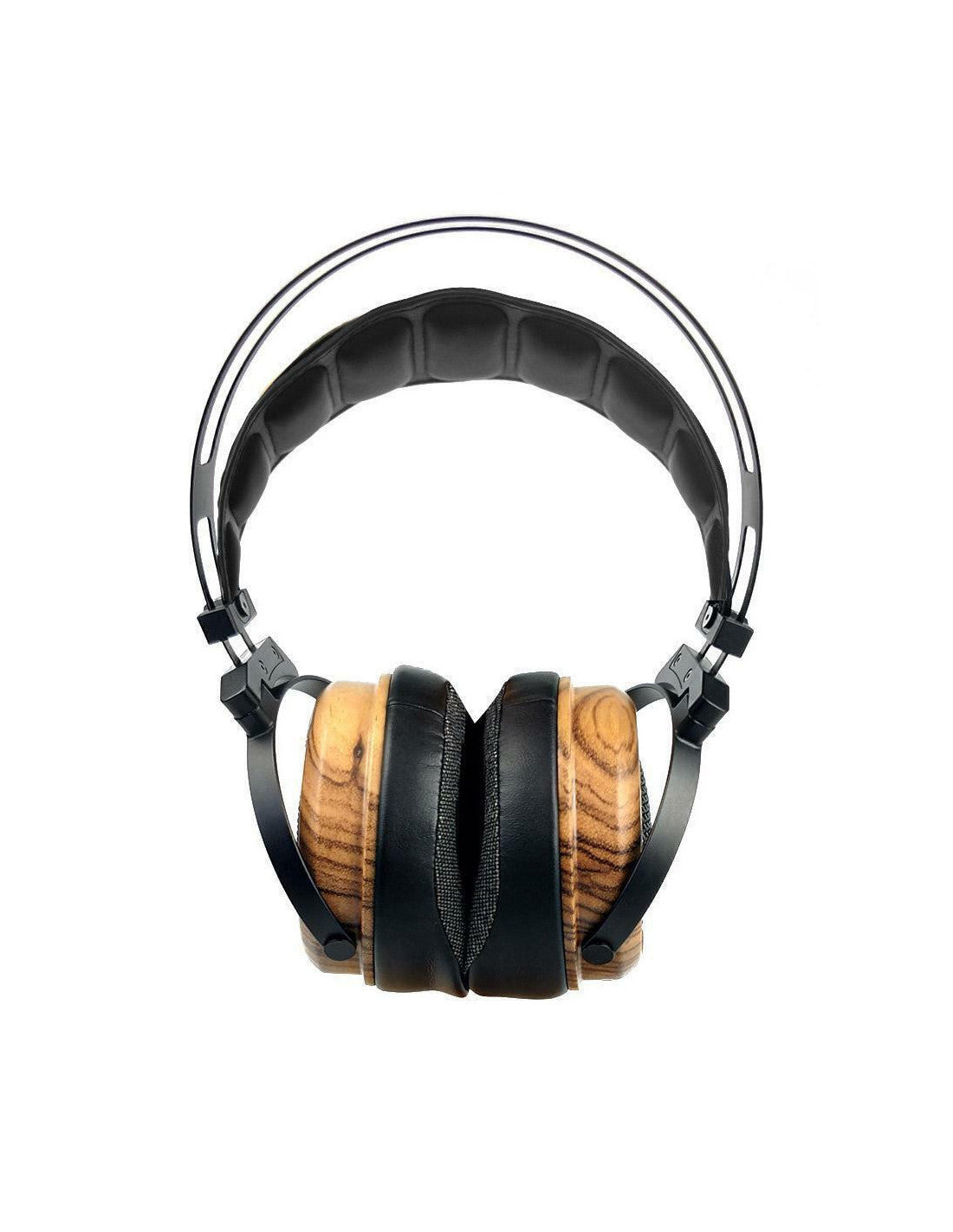 Over-ear headphones with black padding and wood-pattern ear cups on silver headband