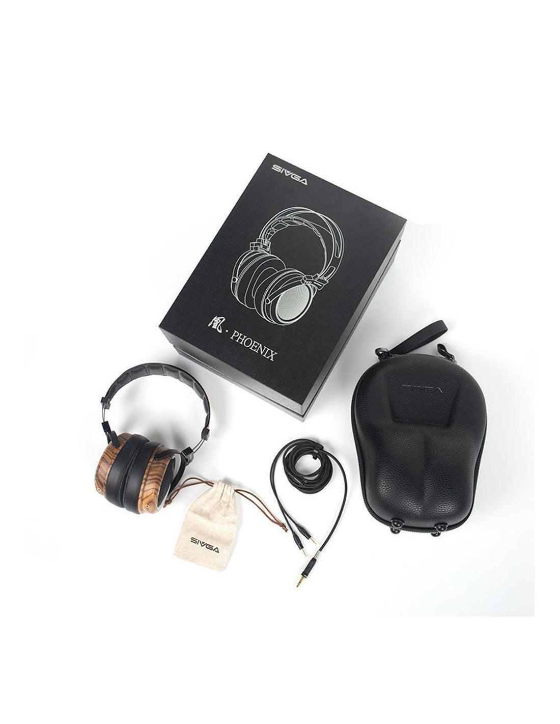 Over-ear headphones with black leather headband and wood-pattern ear cups