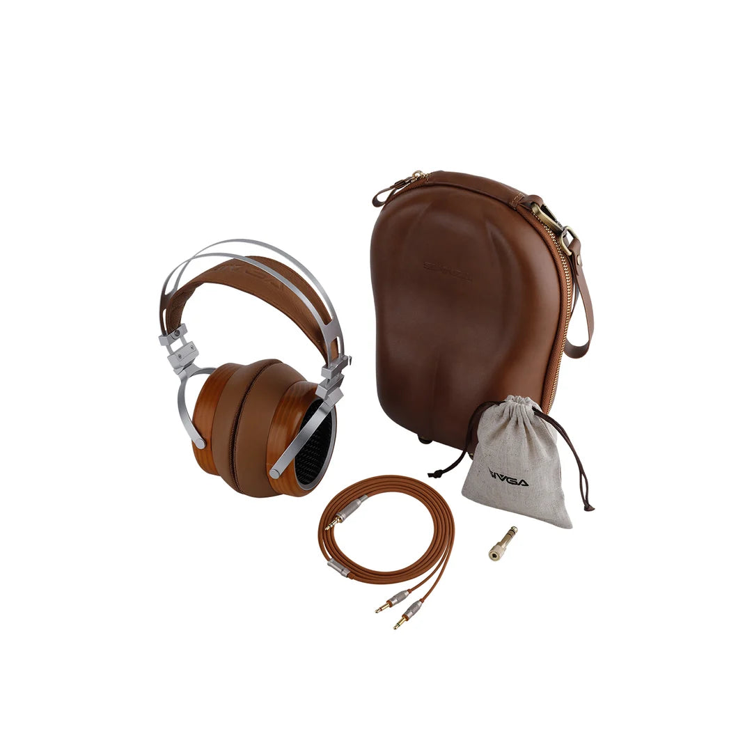 Over-ear headphones with brown leather-look ear cushions and headband padding, shown with a matching brown hard carrying case, brown cable, and a small drawstring pouch on a white background.