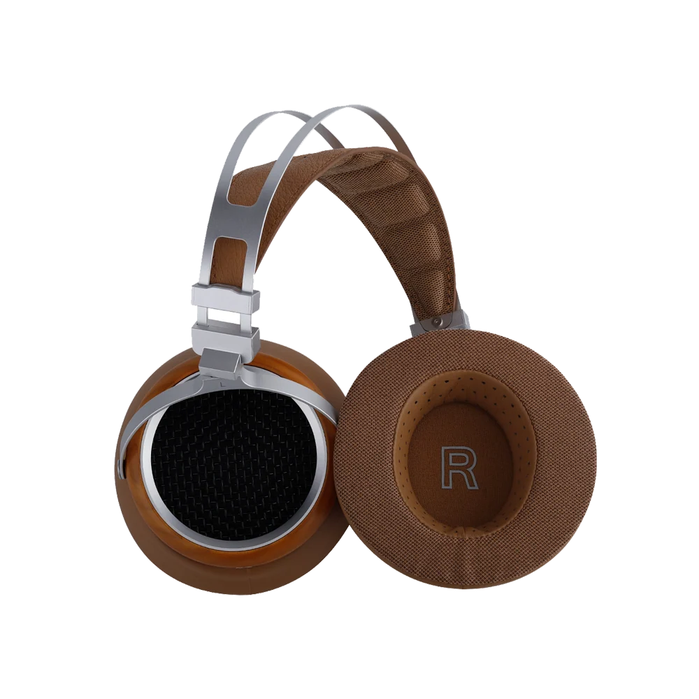 Over-ear headphones with brown fabric ear cushions and headband padding, silver metal headband structure, and a black speaker grille, shown on a plain white background.