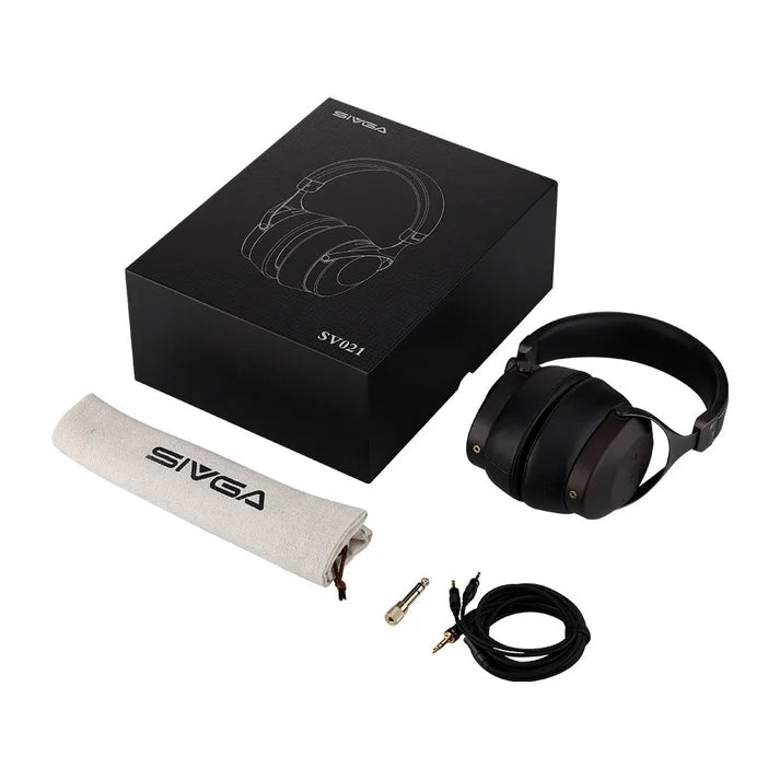 Sivga SV-021 black over-ear headphones with headband, cable, and ear pads