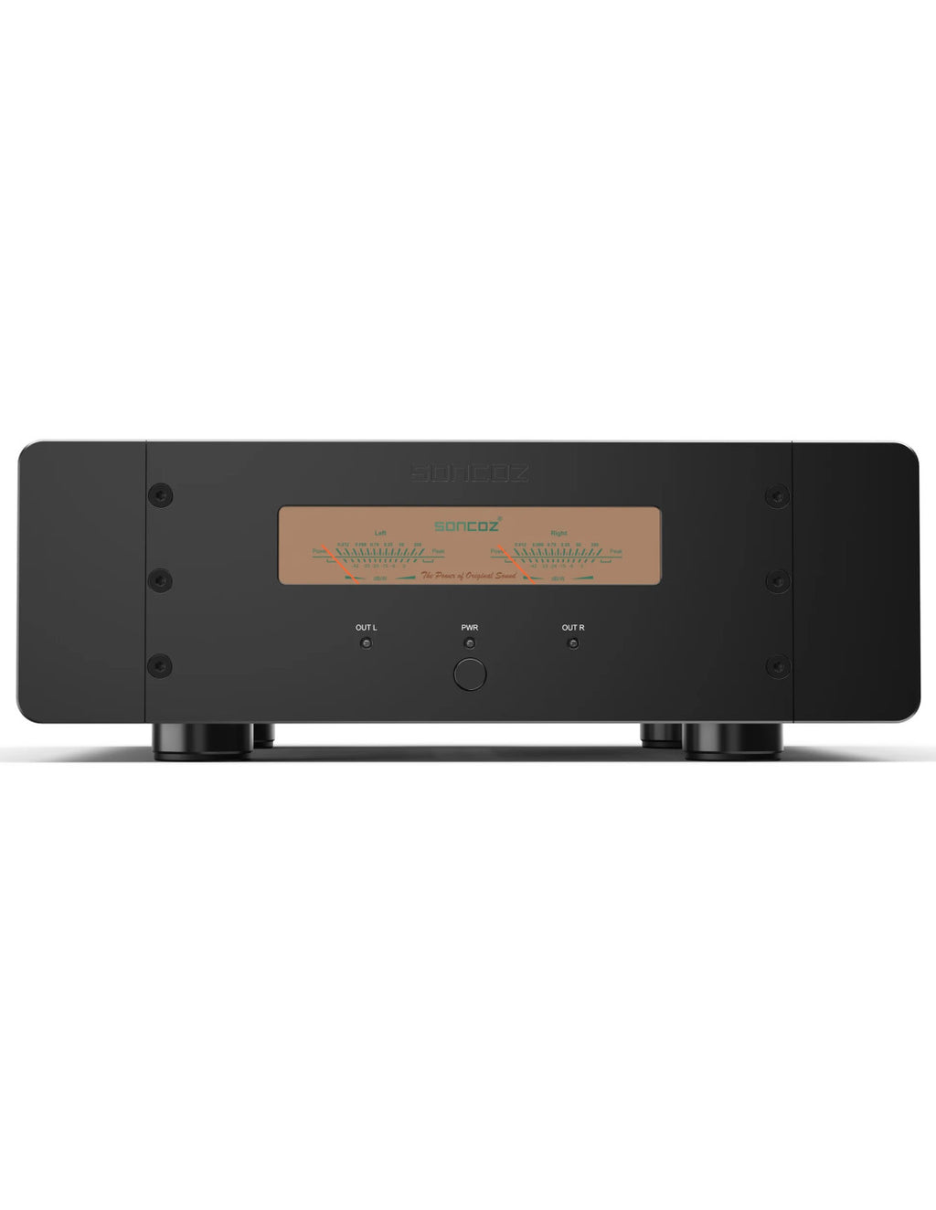 Soncoz SGP1 stereo audio power amplifier, black front view with tuning dial and display