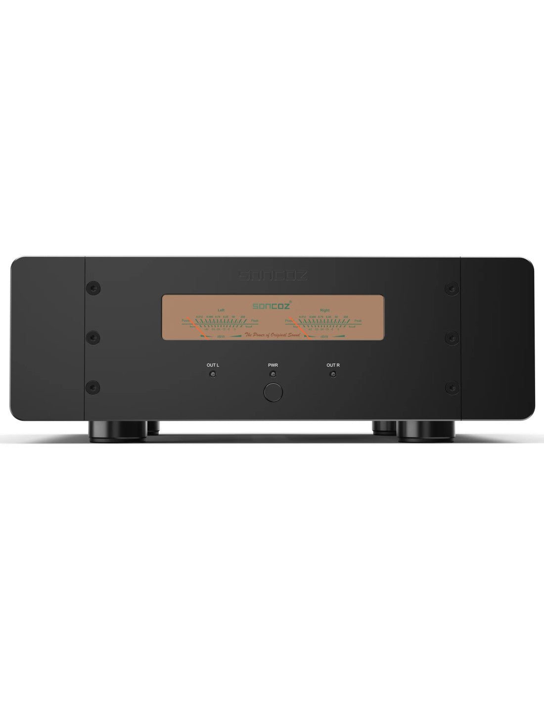 Soncoz SGP1 stereo audio power amplifier, black front view with tuning dial and display