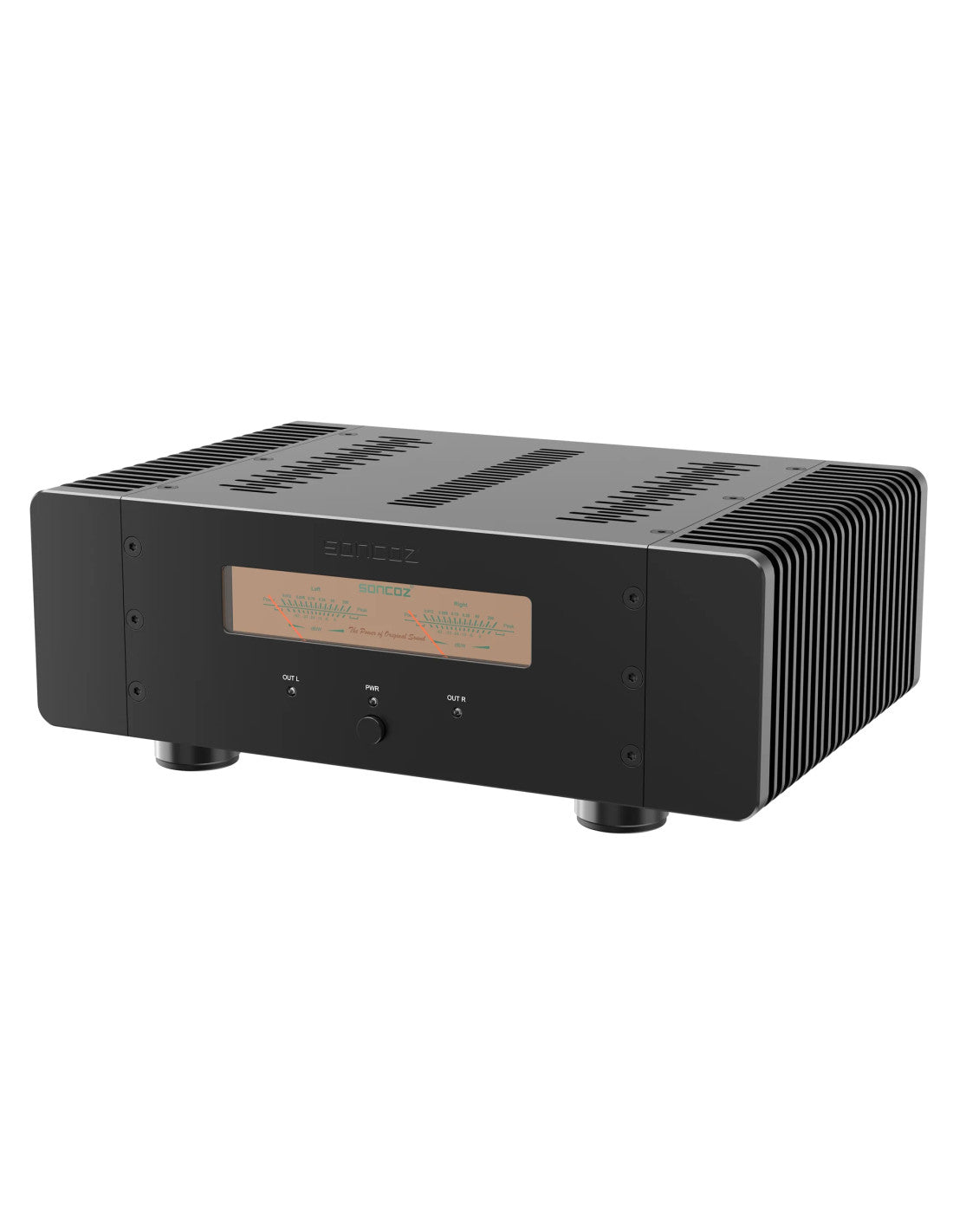 Soncoz SGP1 stereo audio power amplifier, black front panel with display and knobs