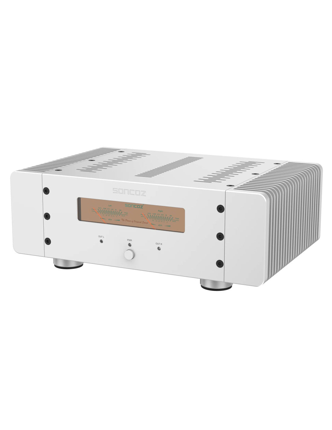 Soncoz SGP1 stereo audio power amplifier, silver front panel with control knobs