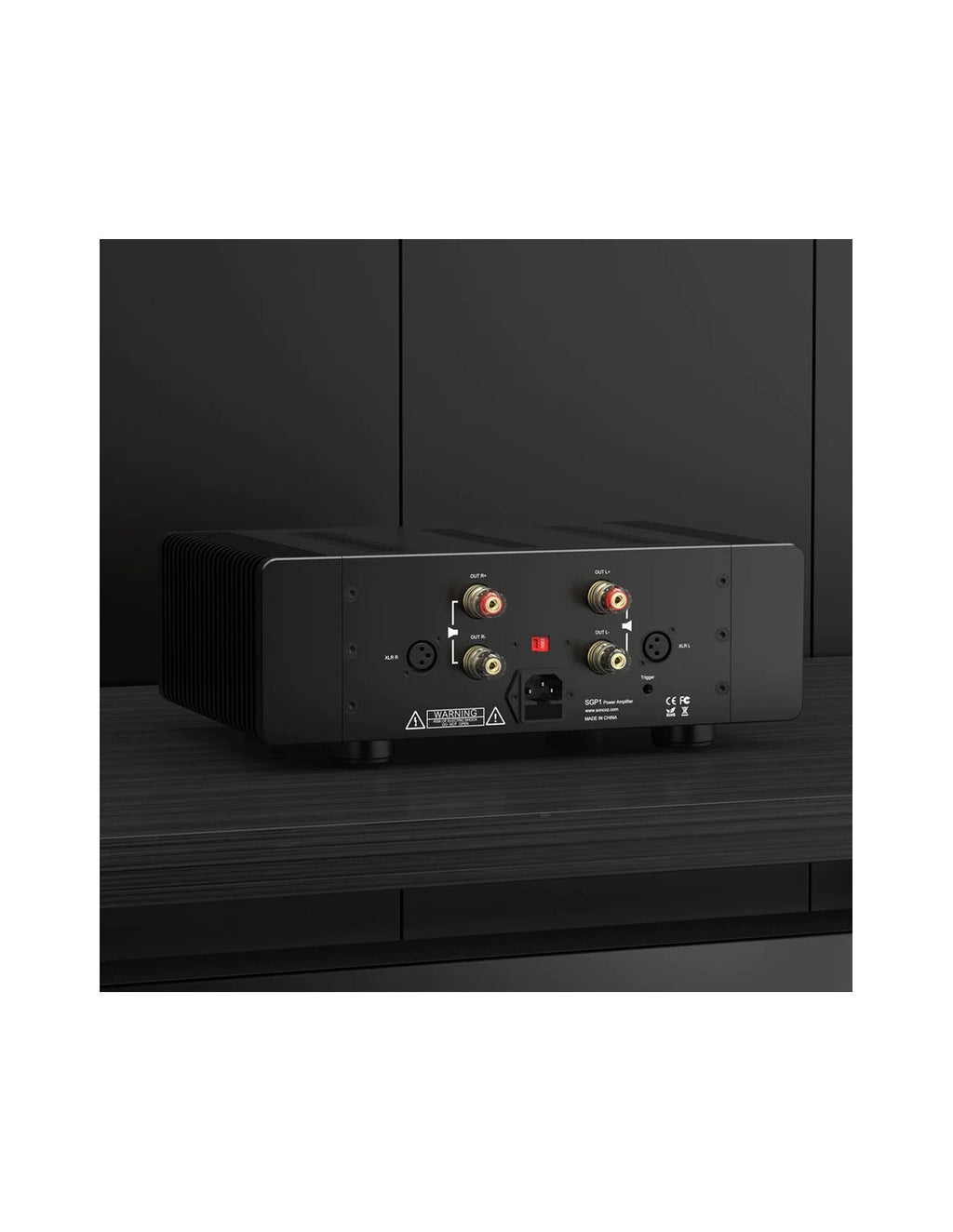 Soncoz SGP1 stereo audio power amplifier, black rear with input/output terminals