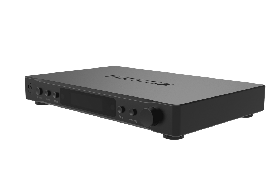 A sleek, matte black electronic device, likely a receiver or amplifier, shown at a three-quarter angle on a solid white background. The top surface features the brand name 'JUMBO' in subtle gray lettering, and the front panel includes a digital display, buttons, and a prominent rotary knob.
