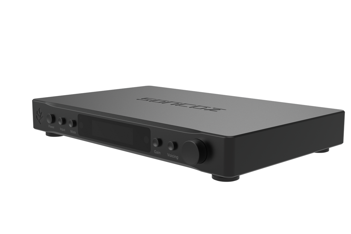A sleek, matte black electronic device, likely a receiver or amplifier, shown at a three-quarter angle on a solid white background. The top surface features the brand name 'JUMBO' in subtle gray lettering, and the front panel includes a digital display, buttons, and a prominent rotary knob.