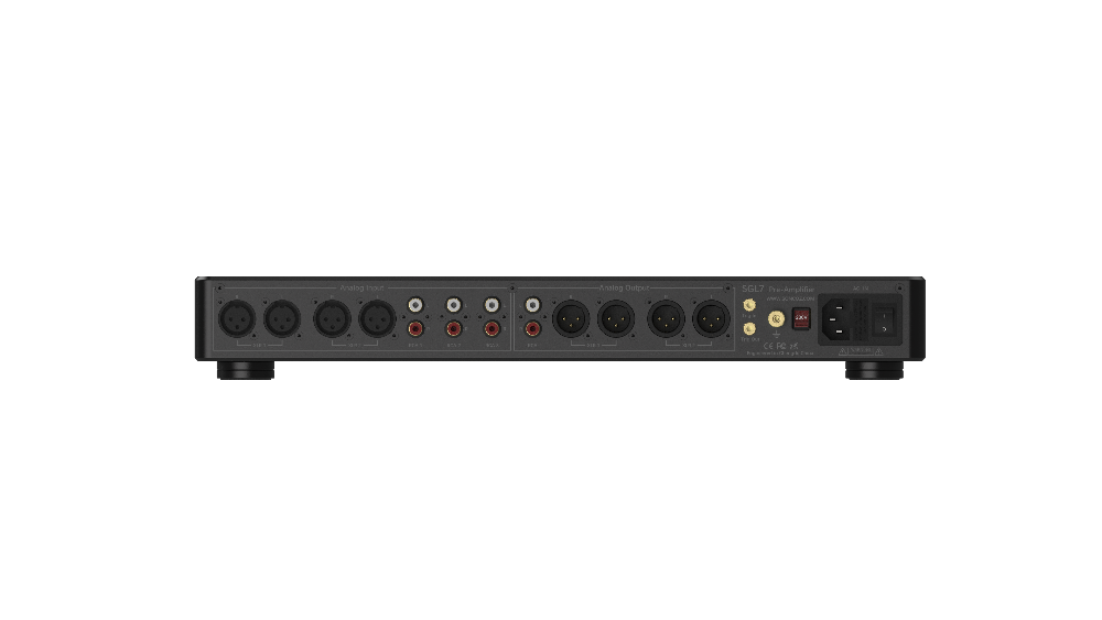 A black multi-channel audio power amplifier or distribution box shown from the rear, featuring multiple XLR inputs, red and white balance outputs, gold and red RCA connectors, and a power switch, on a solid white background.