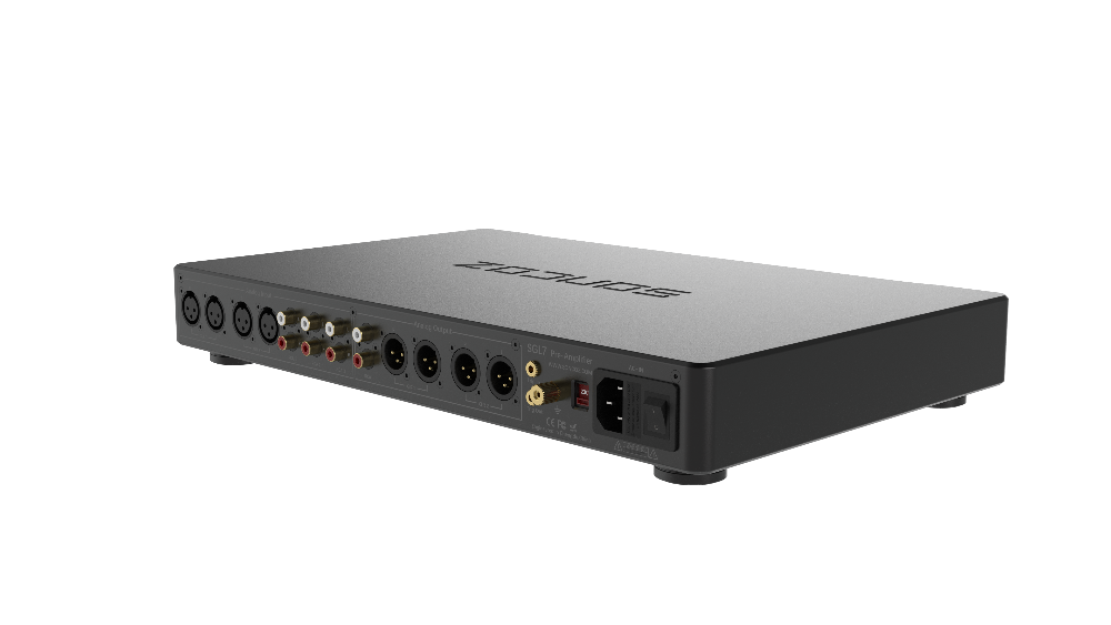 A black audio interface or receiver device with multiple rear audio and USB ports, shown from a three-quarters perspective on a white background.