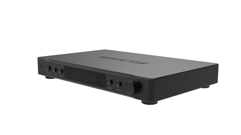 A sleek, matte black audio pre amplifier with the brand name 'Soncoz' embossed on the top surface, shown from a three-quarters perspective on a solid white background.