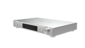 A silver soncoz sgl7 device, likely a receiver or amplifier, shown from a three-quarters perspective on a solid white background. The top surface features the brand name 'SOUNDBOK' in silver lettering, with a black digital display window and various control buttons on the front panel.