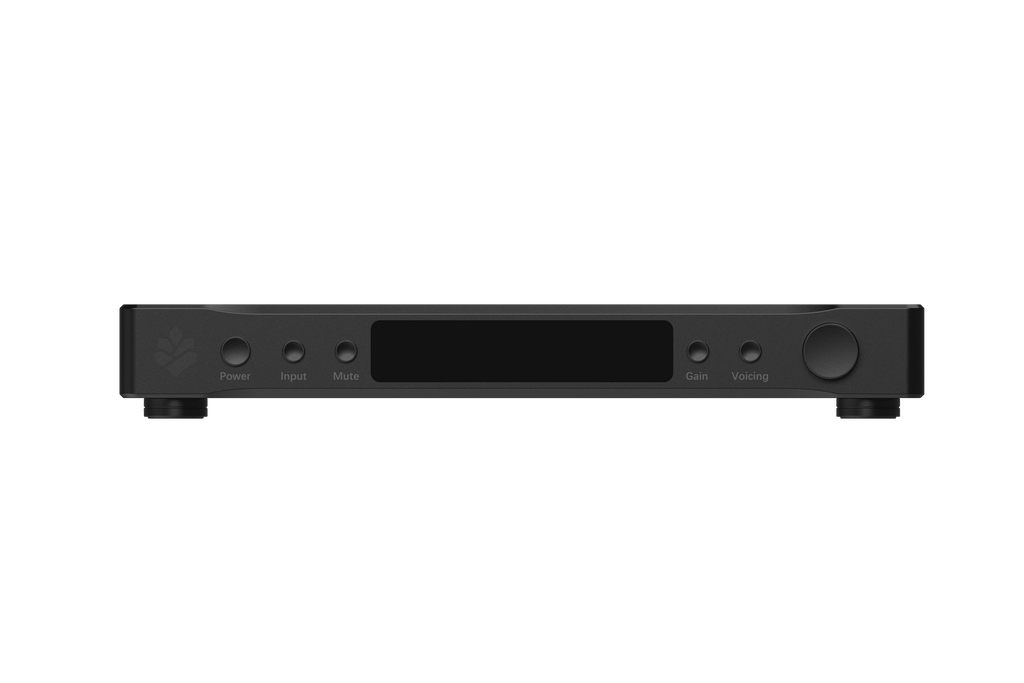 A black rectangular soncoz audio pre amplifier with a central display screen and control buttons, shown from the front on a plain white background.