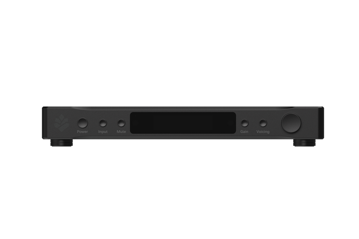 A black rectangular soncoz audio pre amplifier with a central display screen and control buttons, shown from the front on a plain white background.