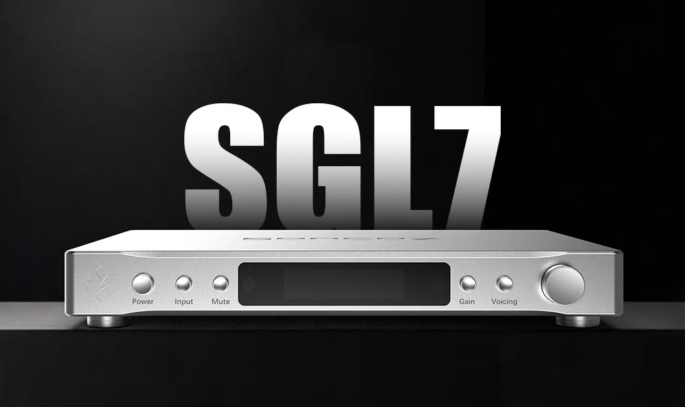 A silver SGL7 audio pre amplifier shown from the front on a dark studio background, with large 'SGL7' text behind it.