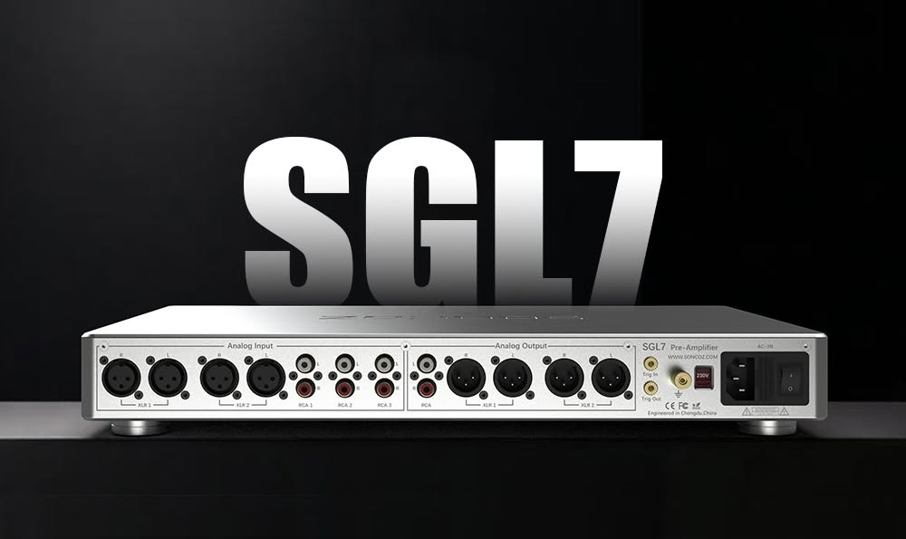 An SGL7 audio HiFi pre amplifier device with multiple input and output jacks, shown against a dark background with large 'SGL7' text behind it.
