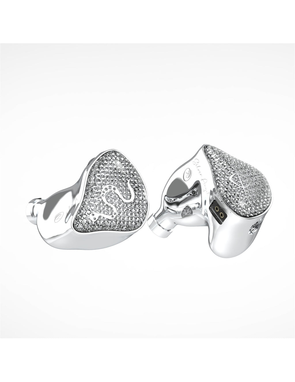 Silver in-ear monitor earbuds with glittered mesh faceplates