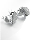 Silver mesh EarAcoustic SPA limited edition earbuds, one pair angled on white