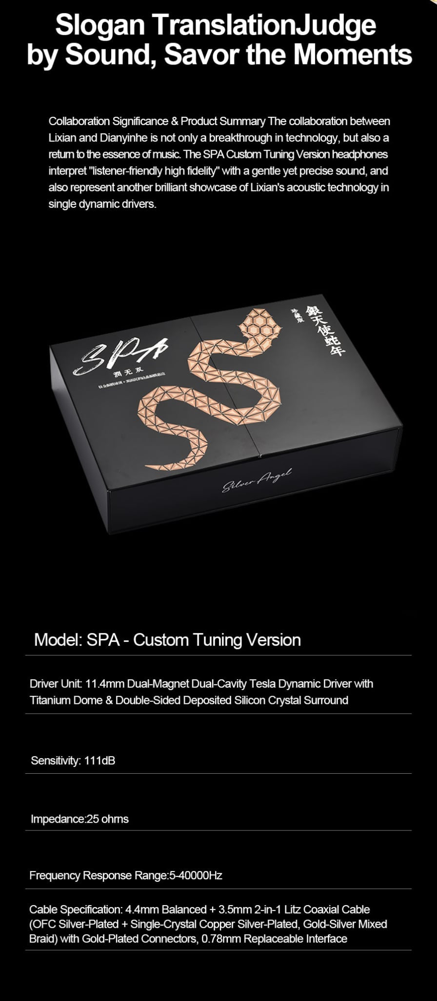 A black rectangular car audio box with the model name 'SPA - Custom Tuning Version' printed on the front, set against a solid black background. The image includes promotional text at the top describing the collaboration between LISA and DAMIANS.