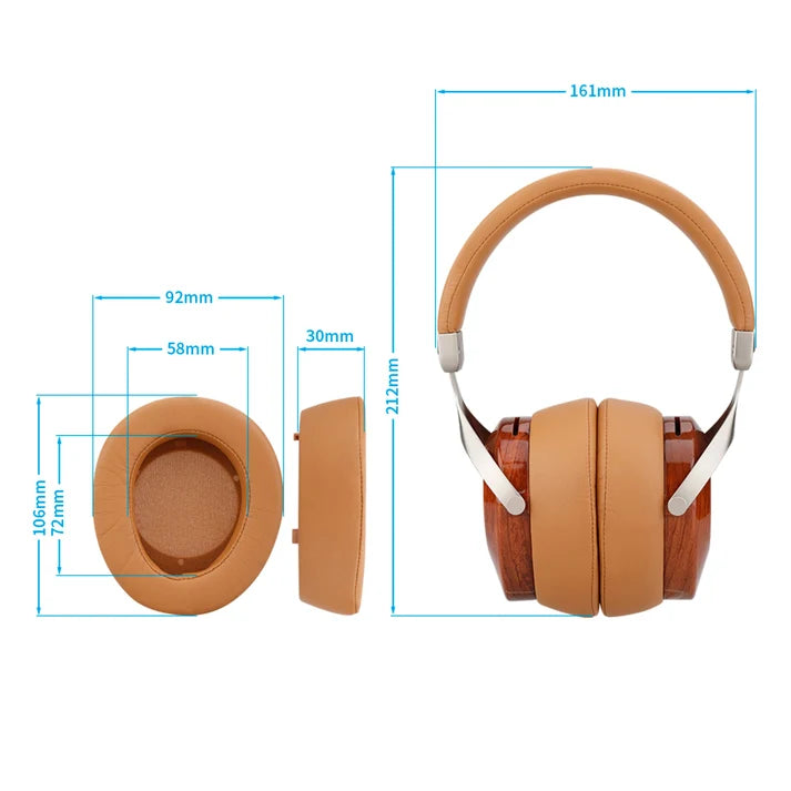 Over-ear headphones with tan headband and ear pads, wood-style earcups, size diagram