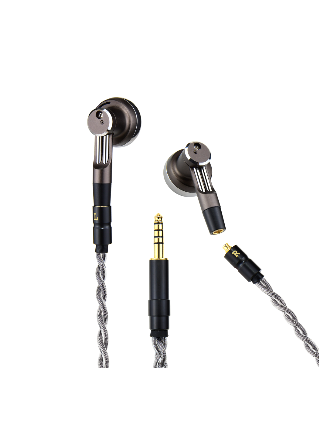 Wired earphones with black strain relief, silver braided cord, right-angle plug