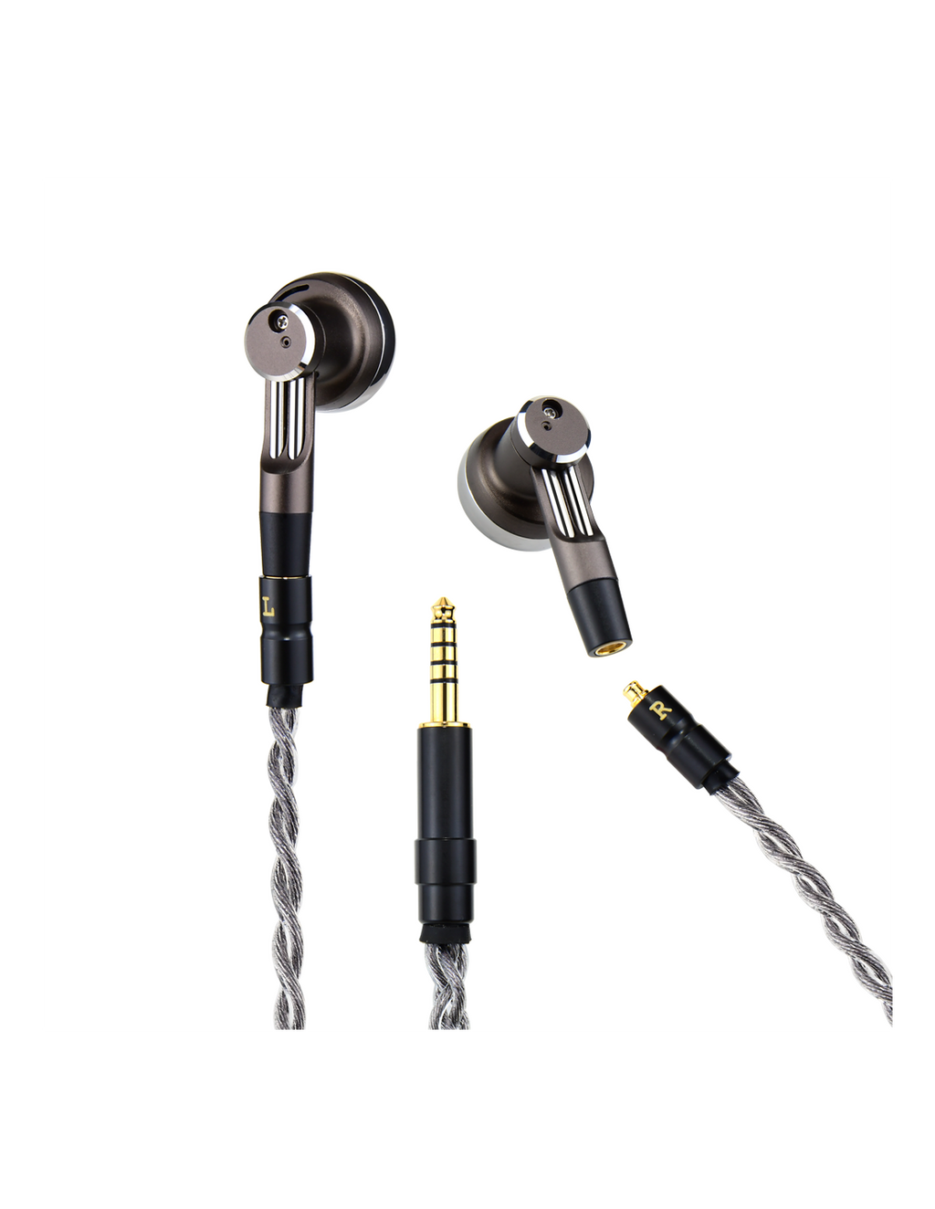 Wired earphones with metal earbuds, braided silver cable, 3.5mm plug and mic
