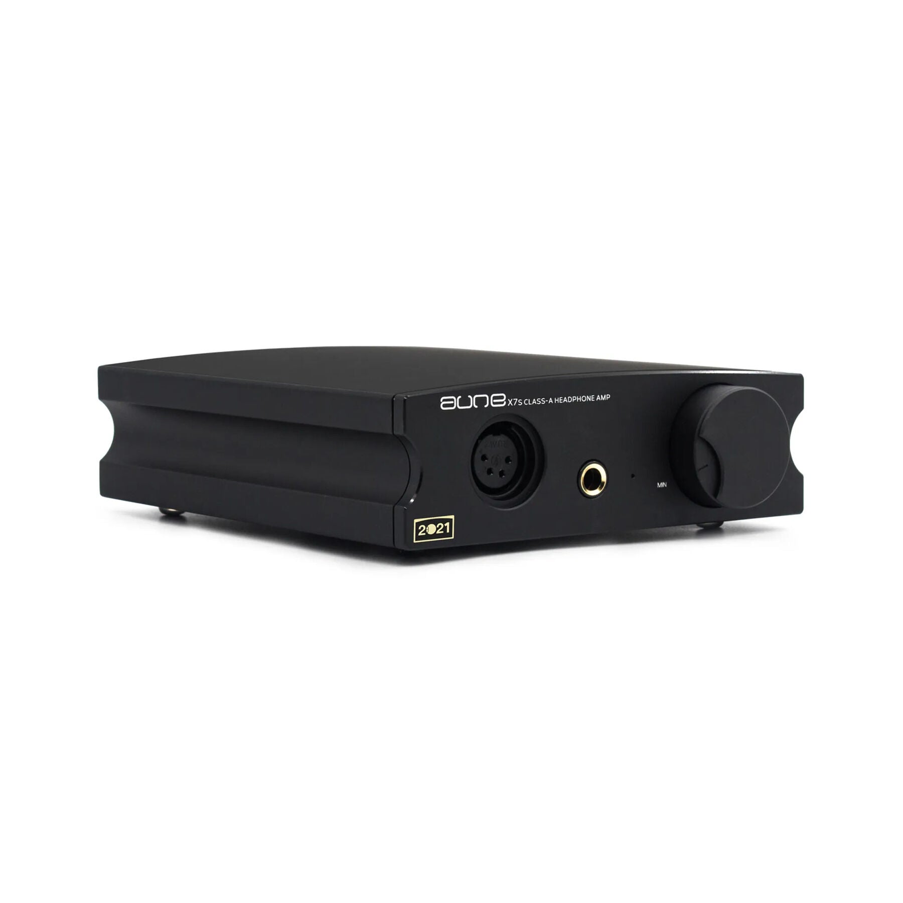 A black auneX7s headphone amplifier included headphone amp device shown from a three-quarter angle on a clean white background.
