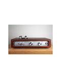 Sunburst tube amplifier front view with silver dials, toggle controls, and tube sockets