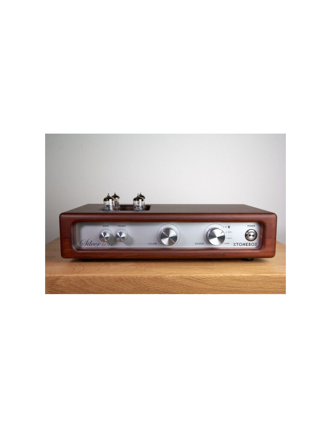 Sunburst tube amplifier front view with silver dials, toggle controls, and tube sockets