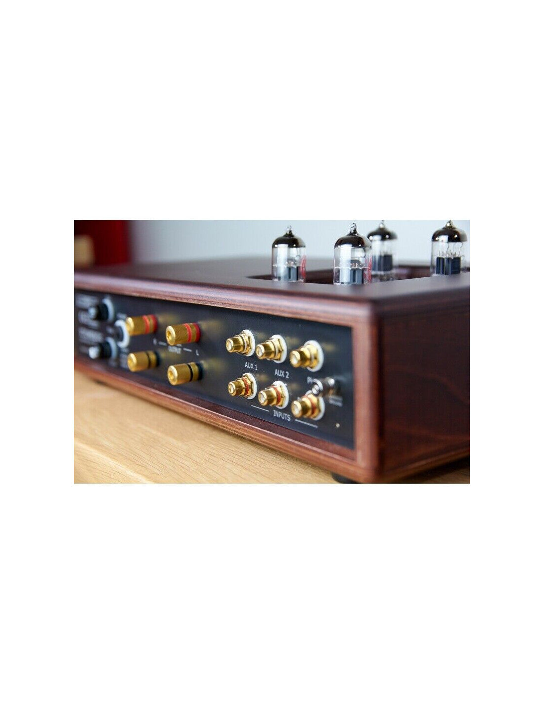 Sunburst tube amplifier interior control row with gold/black switches and tube sockets