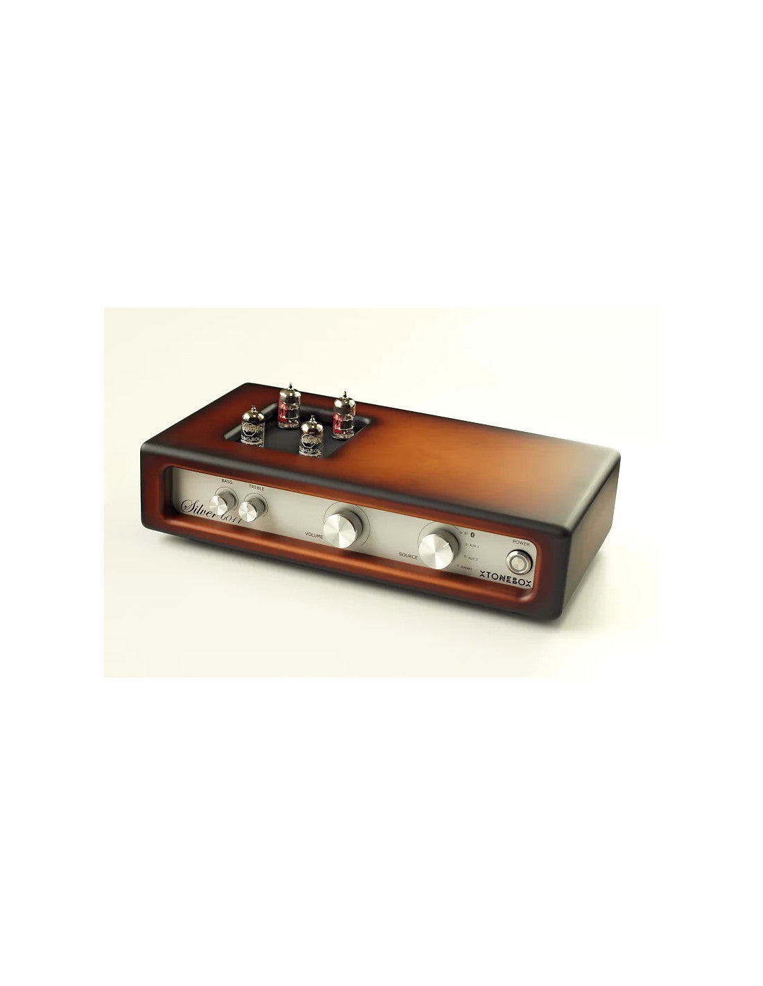 Sunburst tube amplifier with silver control panel, four knobs, and tube sockets